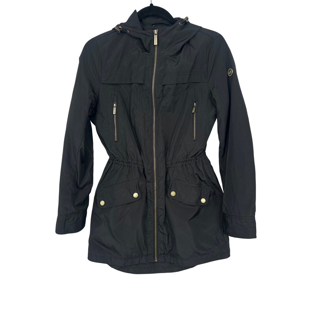 Michael Kors Anorak Raincoat Jacket Women XS Black Hooded Gold Hardware Utility